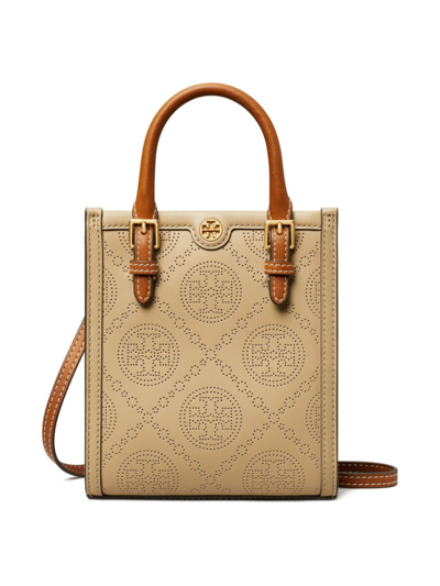 Tory Burch Mini T Monogram Perforated Tote In Almond Flour