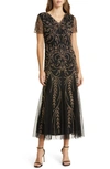 Pisarro Nights V-neck Embellished Mesh Gown In Black/ Gold