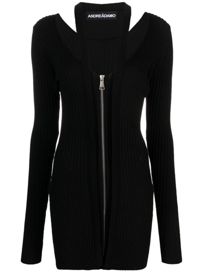 Andreädamo Black Ribbed Knit Zip Up Mini Dress