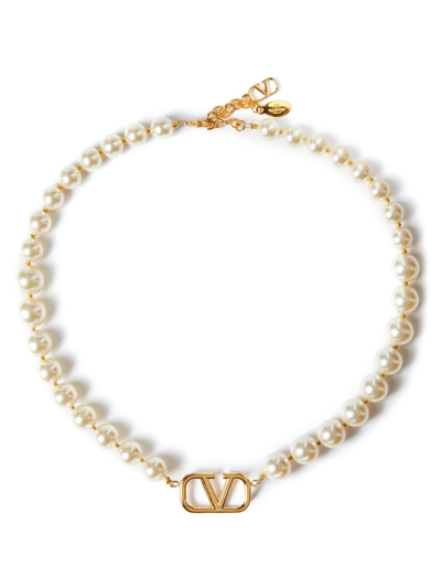 Valentino Garavani Gold-tone Vlogo Signature Pearl Necklace In White