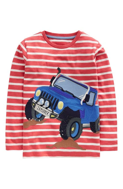 Mini Boden Kids' Off Road Appliqué Long Sleeve Cotton T-shirt In Jam Red/ Ivory Truck