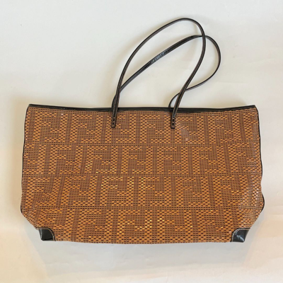 Pre-owned Fendi Brown Patent Woven Ff Large Tote Bag