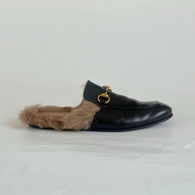 Pre-owned Gucci Princetown Horsebit-detailed Shearling-lined Leather Black Slippers, Size 40