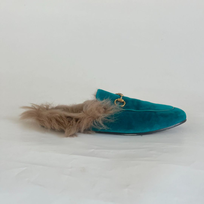 Pre-owned Gucci Turquoise Velvet Princetown Fur Mules, Size 39