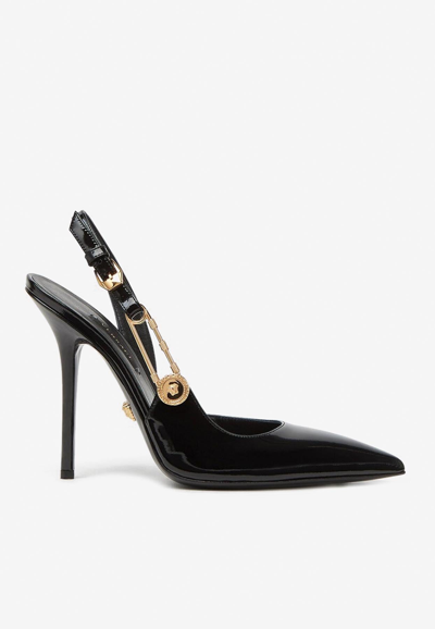 VERSACE 110 SAFETY PIN SLINGBACK PUMPS IN PATENT LEATHER