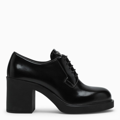 Prada Chocolate Leather Heeled Loafers In Black