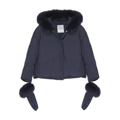 Yves Salomon Box-cut Puffer Jacket Made From A Waterproof Technical Fabric With Fox Trim In Bleu_fonc_