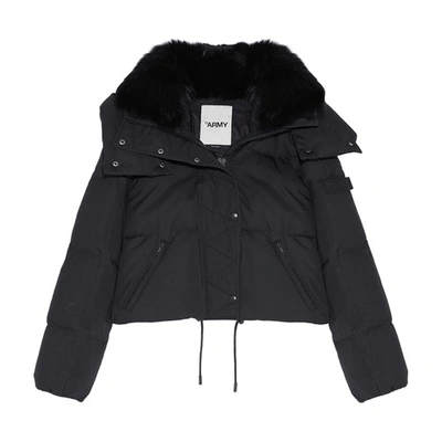 Yves Salomon Short Technical Fabric Puffer Jacket With Fox Fur Collar In Noir
