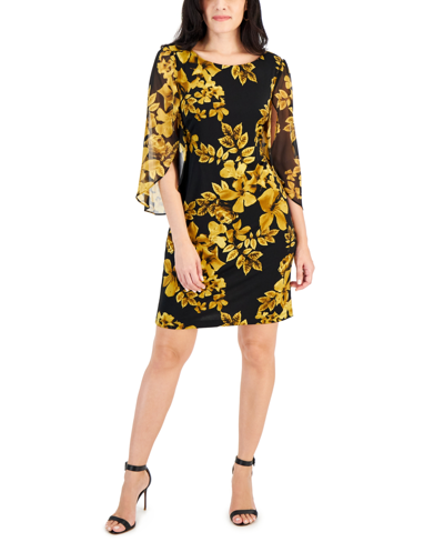 Connected Petite Cape-sleeve Printed Sheath Dress In Mustard