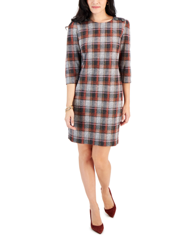 Connected Petite Elbow-sleeve Plaid Sheath Dress In Spice