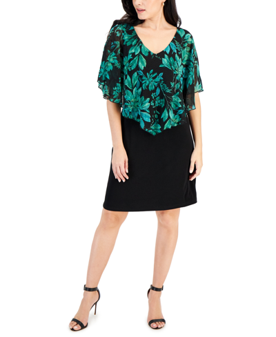 Connected Plus Size Printed Clip-dot Cape Overlay Dress In Emerald