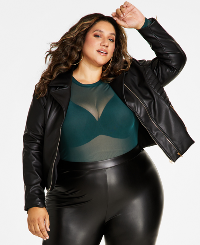 Nina Parker Trendy Plus Size Quilted-side Moto Jacket In Black Beauty