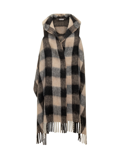 Woolrich Hooded Checked Cape Scarf In Beige Buffalo