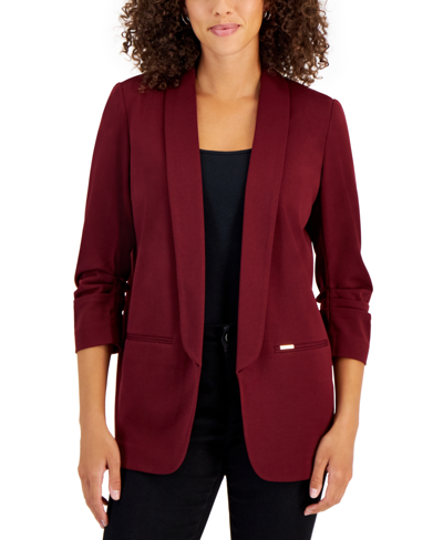 Nine West Women's Open-front Shawl-collar Ruched-sleeve Blazer In Chocolate Berry