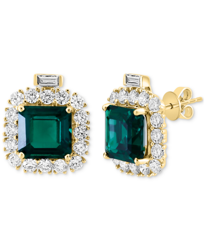 Effy Collection Effy Lab Grown Emerald (5-5/8 Ct. T.w.) & Lab Grown Diamond (2-1/10 Ct. T.w.) Halo Stud Earrings In In Yellow Gol