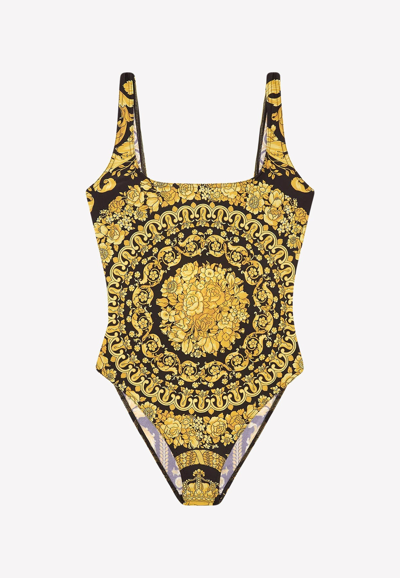 Versace Barocco Print One-piece Swimsuit In Yellow