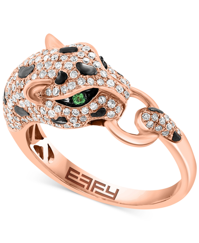 Effy Collection Effy Diamond (5/8 Ct. T.w.) & Tsavorite (1/20 Ct. T.w.) Panther Ring In 14k Rose Gold & Black Rhodiu