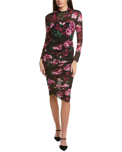 Bebe Printed Ruched Mesh Midi Dress In Rose