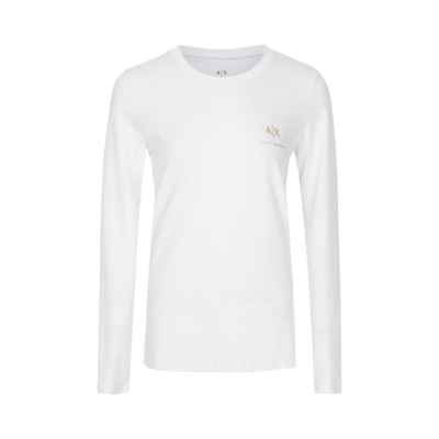 Armani Exchange 女士简约经典烫金logo长袖t恤 In White