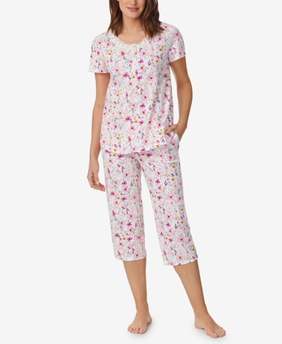 Aria Women's Short Sleeve Top And Capri Pants 2 Piece Pajama Set In White Multi
