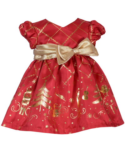 Bonnie Baby Baby Girls Short Sleeved Foiled Shantung With Nutcracker Motif And Side Bow Dress In Red