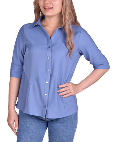 Ny Collection Petite Long Sleeve Button-front Blouse In Colony Blue