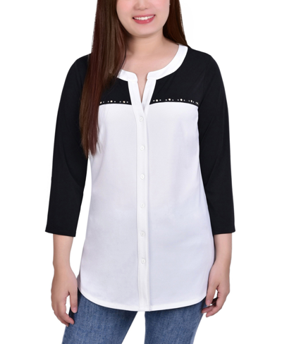 NY COLLECTION PETITE 3/4 SLEEVE STUDDED COLORBLOCKED SPLIT NECK TOP