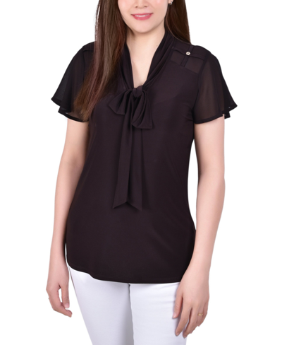 Ny Collection Petite Short Sleeve Top With Mesh Details In Ganache