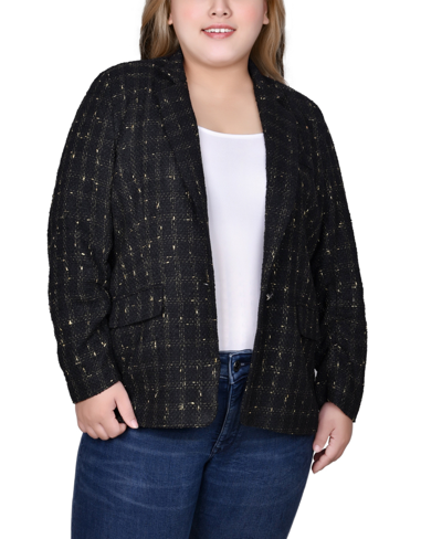 Ny Collection Plus Size Long Sleeve Tweed Jacket In Black Gold