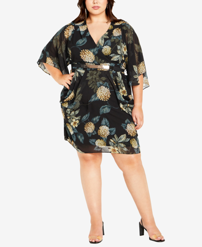 City Chic Trendy Plus Size Wrap Golden-tone Floral Mini Dress In Golden Hydrangea
