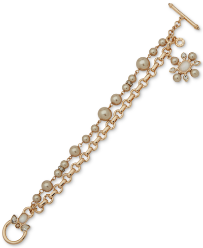 Anne Klein Gold-tone Crystal & Color Imitation Pearl Flower Charm Double-row Flex Bracelet