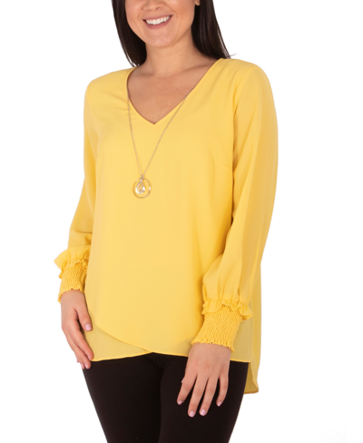 Ny Collection Petite Long Sleeve Y-neck Blouse In Yellow