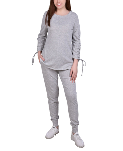 Ny Collection Petite Drawstring Sleeve Top And Jogger Set, 2 Piece In Hgray
