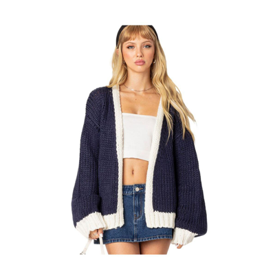 Edikted Colorblock Chunky Knit Cardigan In Navy
