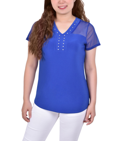 Ny Collection Petite Short Sleeve Studded Top In Bright Cobalt