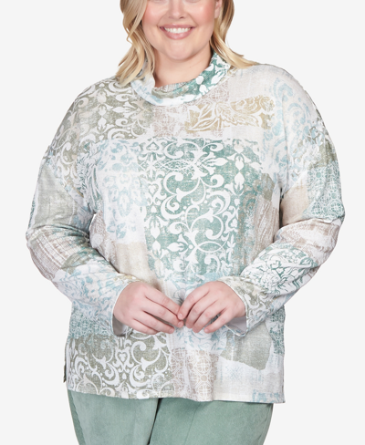 Alfred Dunner Plus Size St.moritz Shimmer Medallion Patchwork Cowl Neck Top In Multi