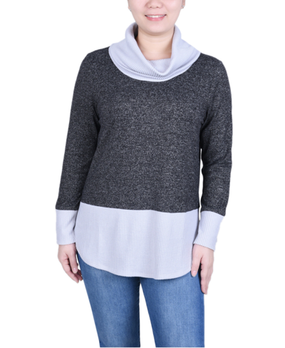 Ny Collection Petite Long Sleeve Cowl Neck Colorblocked Top In Black Charcoal