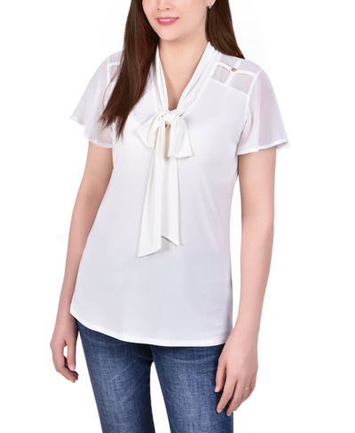 Ny Collection Petite Short Sleeve Top With Mesh Details In Ivory