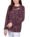 Ny Collection Petite Long Sleeve Dobby Blouse In Abstract Square