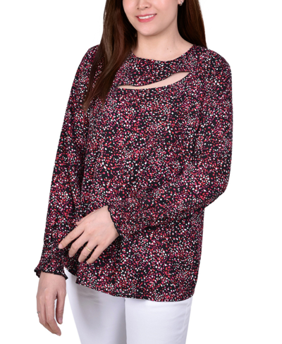 Ny Collection Petite Long Sleeve Dobby Blouse In Abstract Square