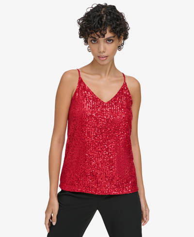 Calvin Klein Petite V-neck Sleeveless Sequin Camisole In Red