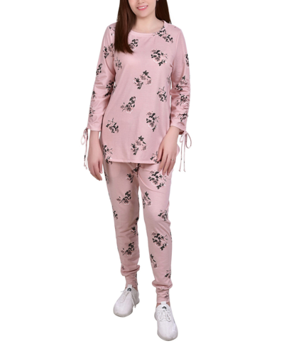Ny Collection Petite Drawstring Sleeve Top And Jogger Set, 2 Piece In Pink Floral
