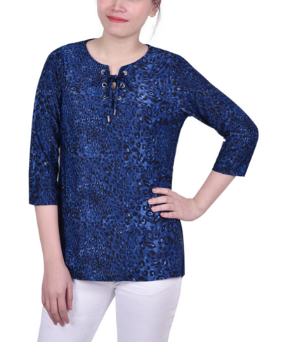 Ny Collection Petite 3/4 Sleeve Grommet Top In Blue