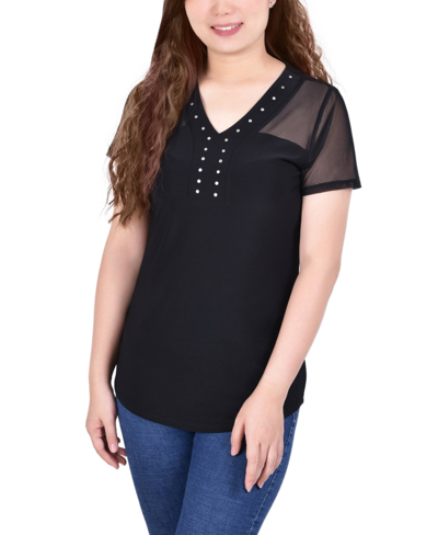 Ny Collection Petite Short Sleeve Studded Top In Black