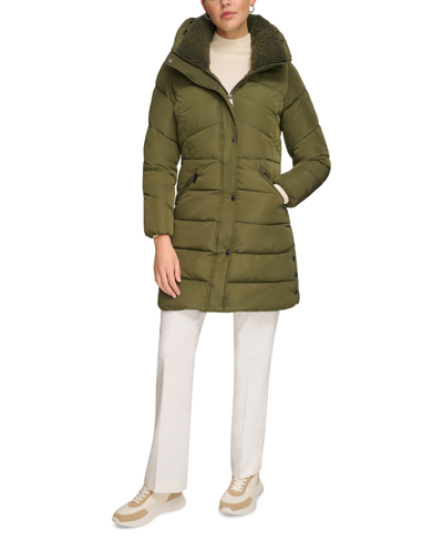 Calvin Klein Women's Faux-sherpa Collar Hooded Stretch Puffer Coat, Created For Macy's In Eden