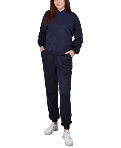 Ny Collection Plus Size Long Sleeve Hooded Sweatshirt And Jogger Pants, 2 Piece Set In Navy