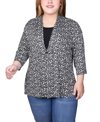 Ny Collection Plus Size Puff Print 3/4 Sleeve 2-fer Top In Black Multi Square