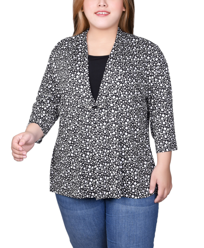 Ny Collection Plus Size Puff Print 3/4 Sleeve 2-fer Top In Black Multi Square
