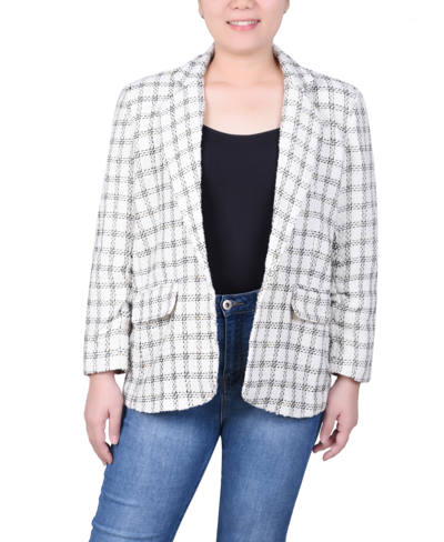 Ny Collection Petite Long Sleeve Single Button Tweed Blazer In Ivory Gold