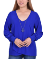 Ny Collection Petite Long Sleeve Crepe Blouse In Cobalt